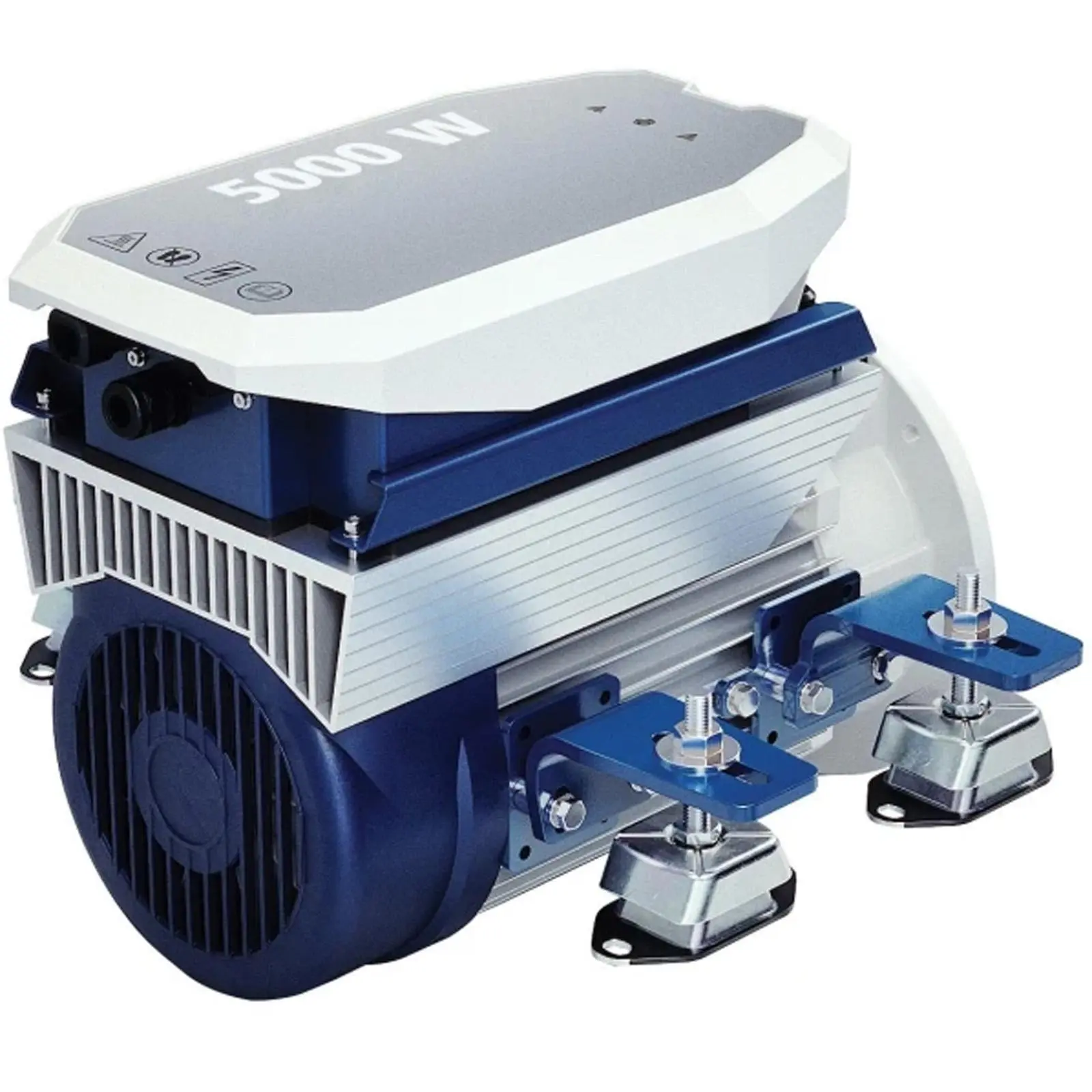 Compact 5000W generator with blue and silver accents, mounted on adjustable legs for stability.