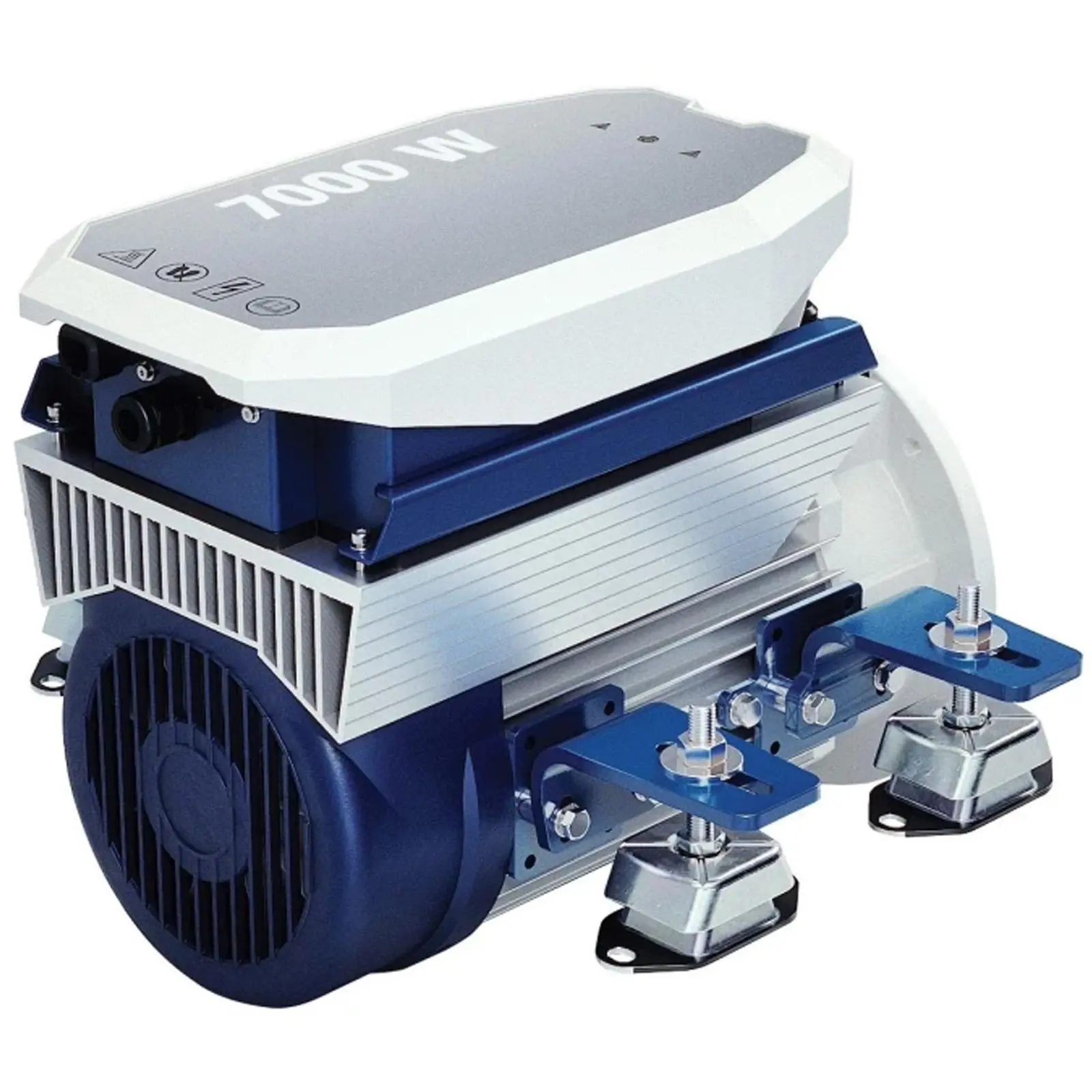 A 7000W power generator with blue and silver components and mounting brackets.