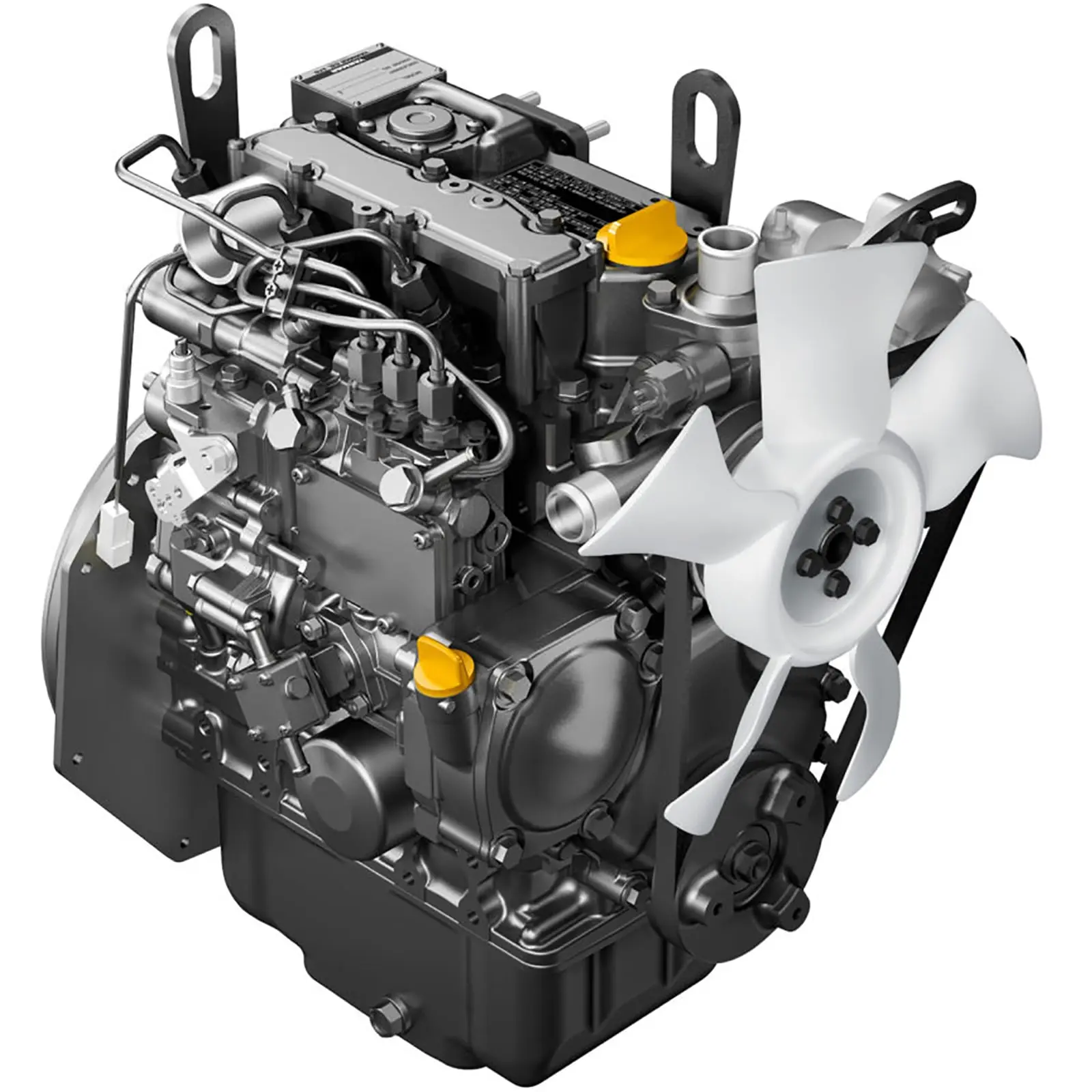 3TNV74F-SDSA_a A compact diesel engine with exposed components and cooling fan.