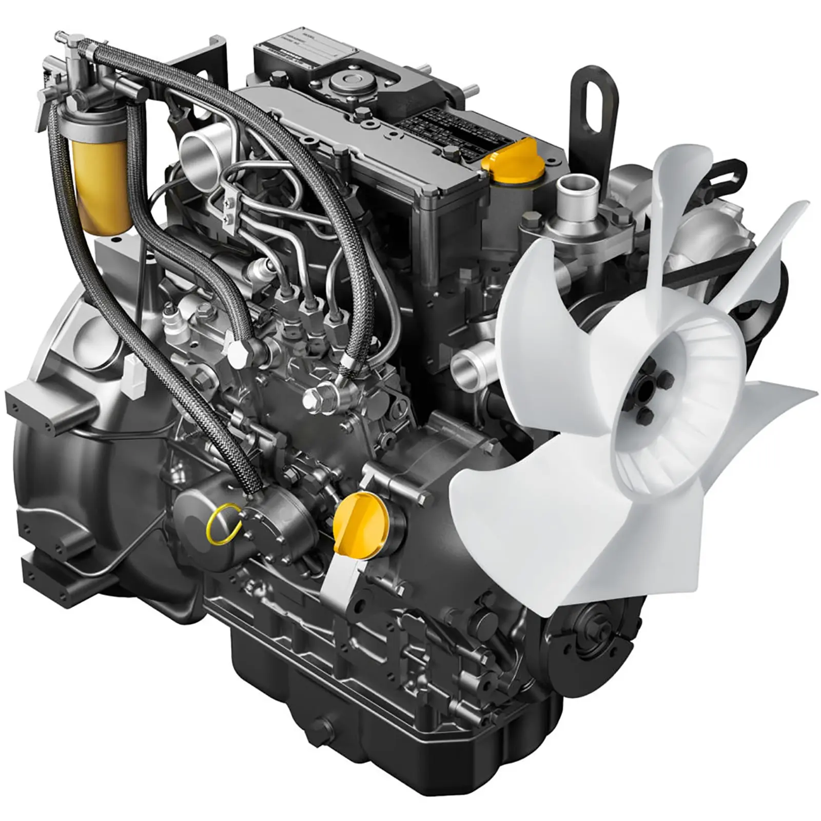 3TNV80F-NGGE_a A detailed view of an engine with various components and hoses.