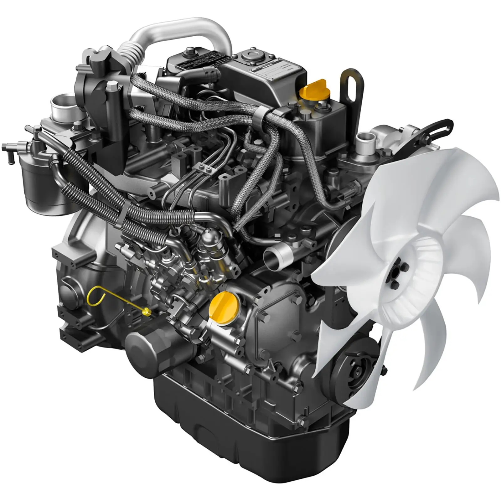 3TNV88F-UGGE_a A detailed view of an engine with various components and cooling fan.