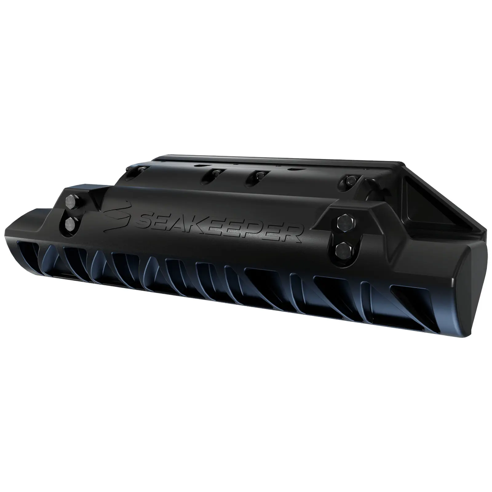 90685_a Black mechanical device with vent-like pattern and mounting points.