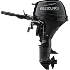 A black outboard motor with handle and propeller.