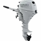 A white outboard motor with black propeller and handle is shown against plain background.