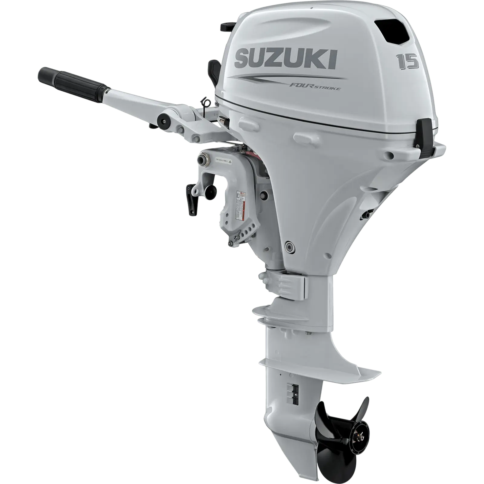 DF15AES5_a A white outboard motor with black propeller and handle is shown against plain background.