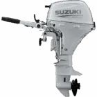 A white outboard motor with black propeller and control handle.