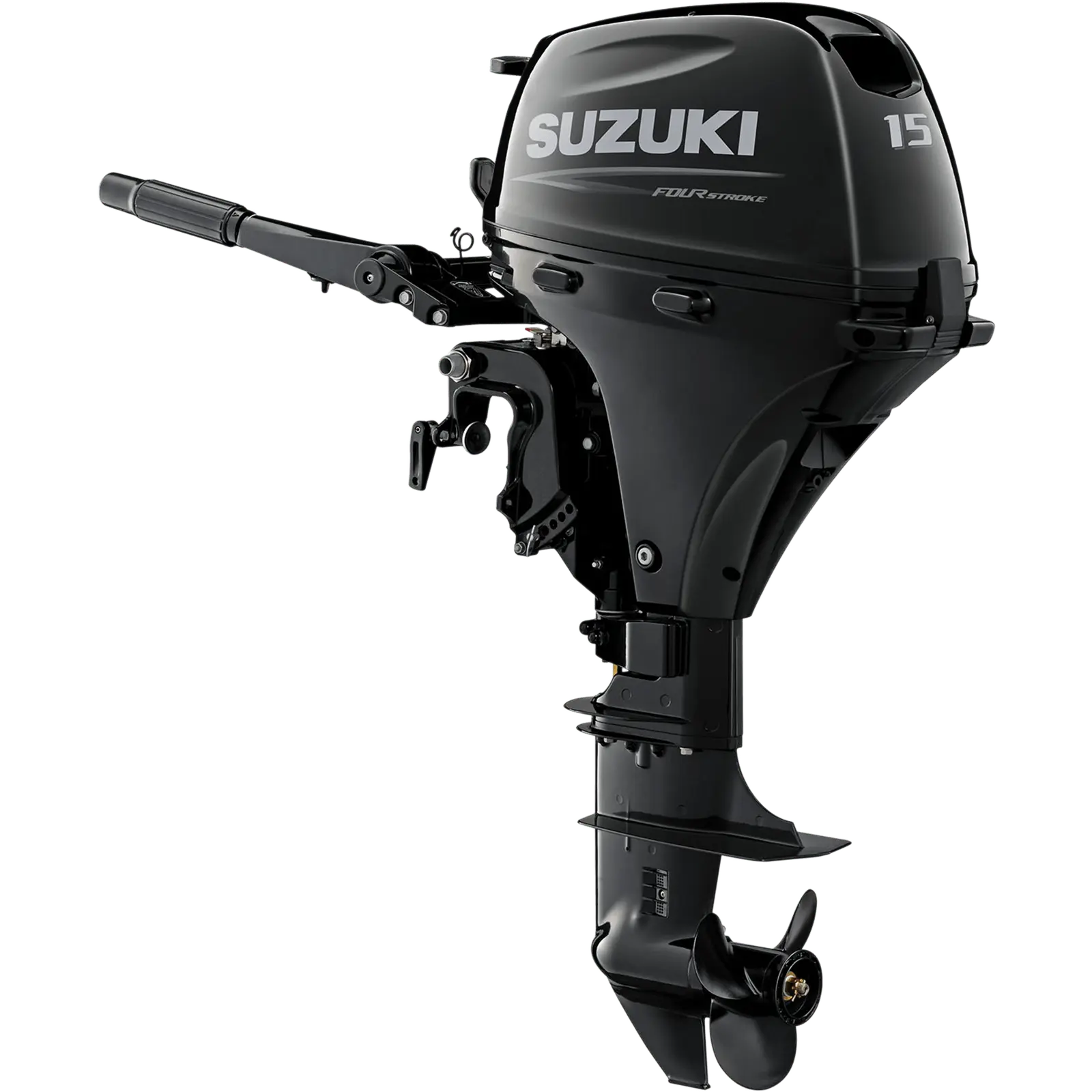 A sleek black outboard motor with propeller and handlebars stands against white background.