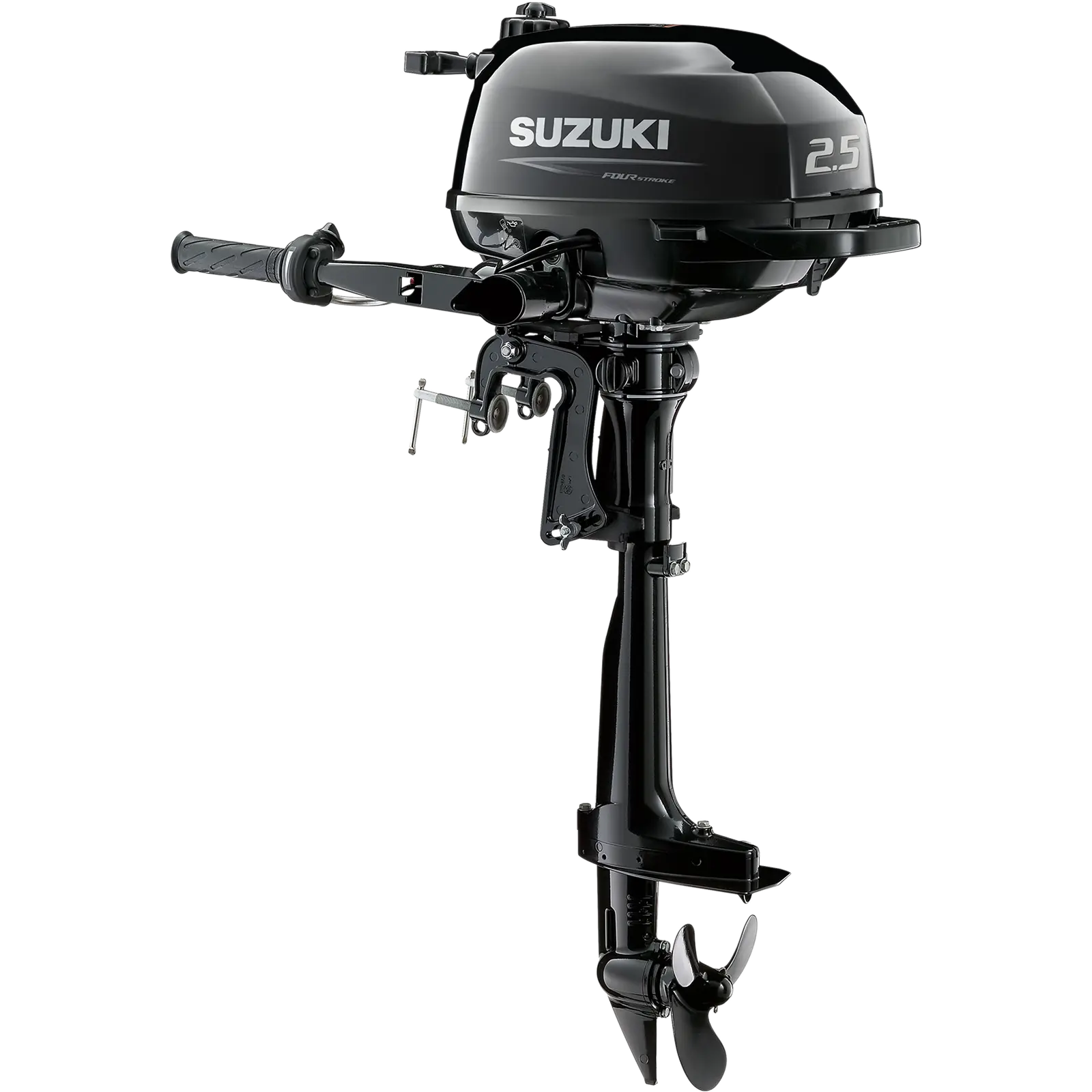 A black outboard motor with handle and propeller attached.