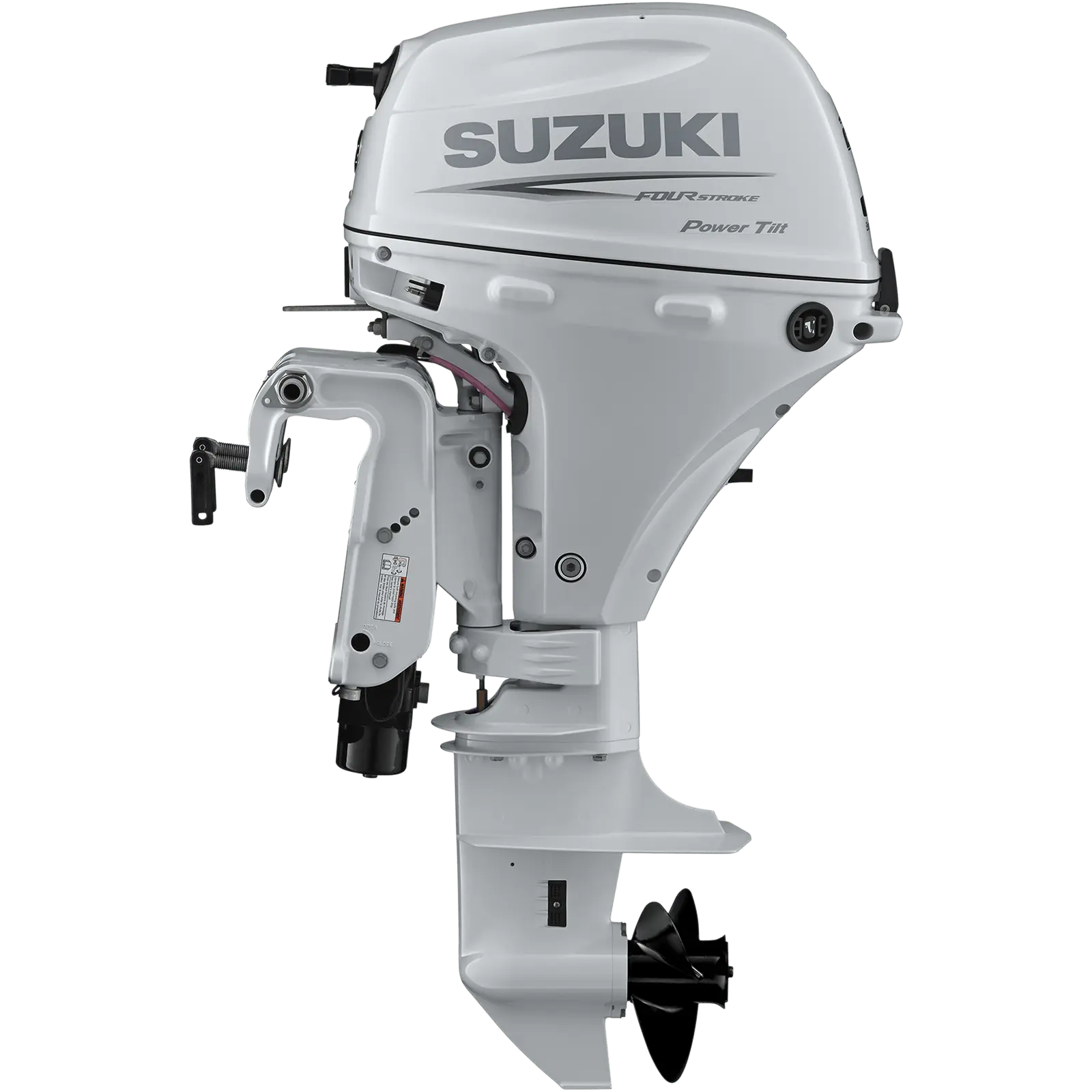 A white outboard motor with mechanical arm and propeller is shown against plain background.