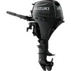 A sleek black outboard motor with propeller and handle.