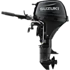 A sleek black outboard motor with handle and propeller.