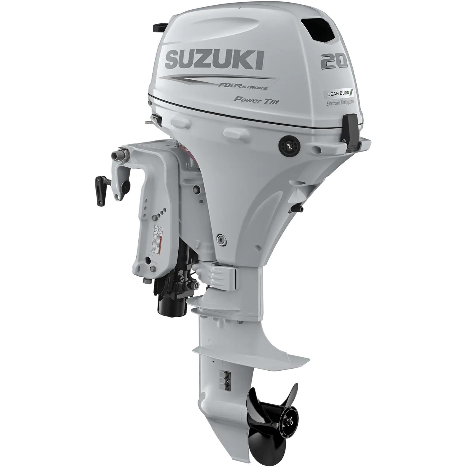 DF20ATS5_a A white outboard motor with black propeller and control arm.
