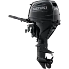 A sleek black outboard motor with propeller and handle is displayed against white background.