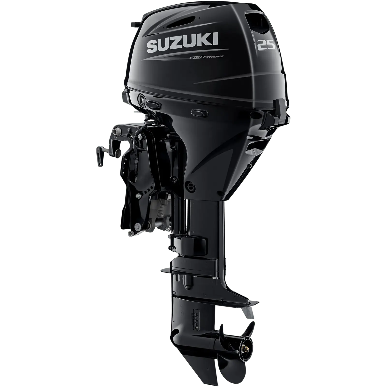 DF25ATHL5_a A sleek black outboard motor with propeller and control arm.