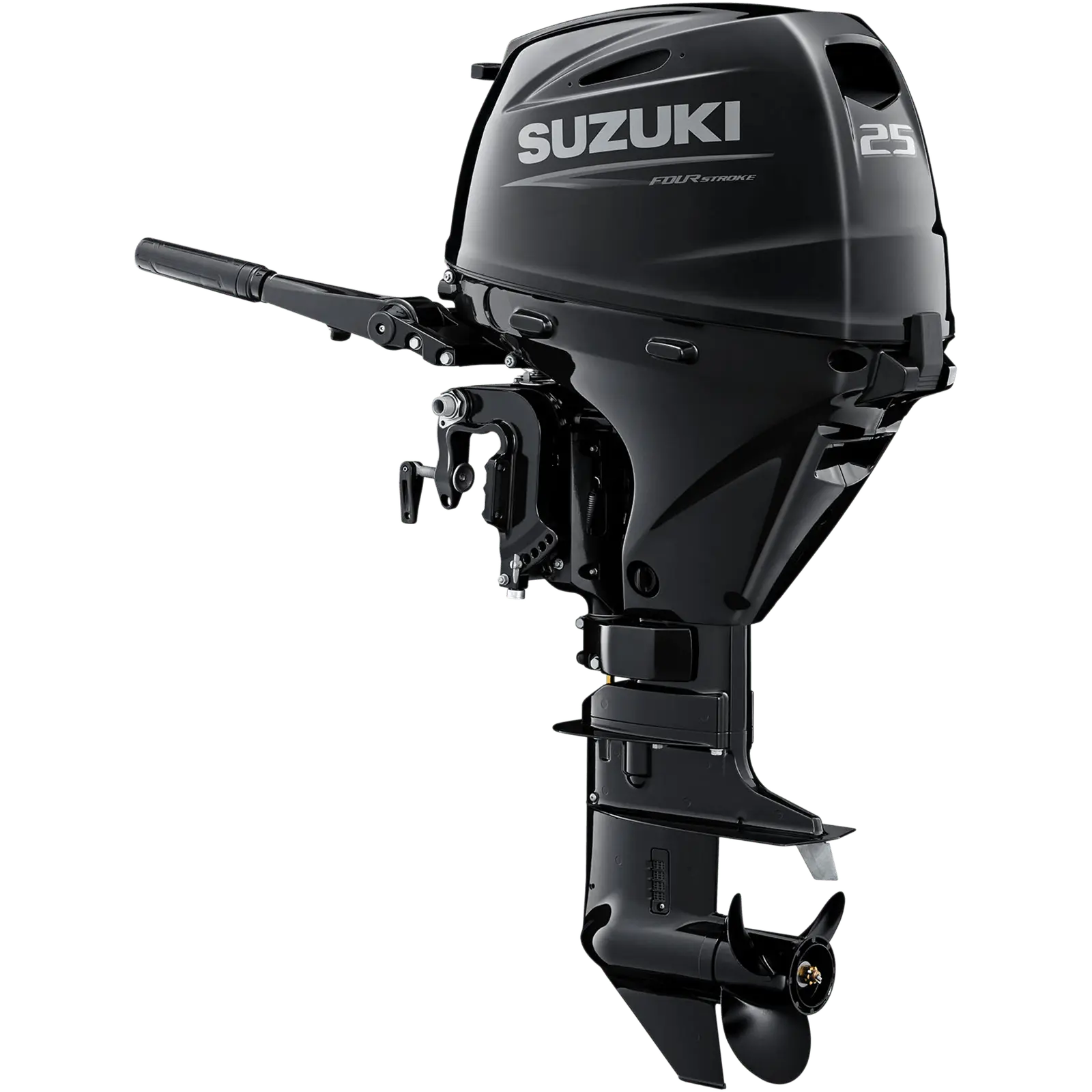 A sleek black outboard motor with propeller and handlebars stands against white background.