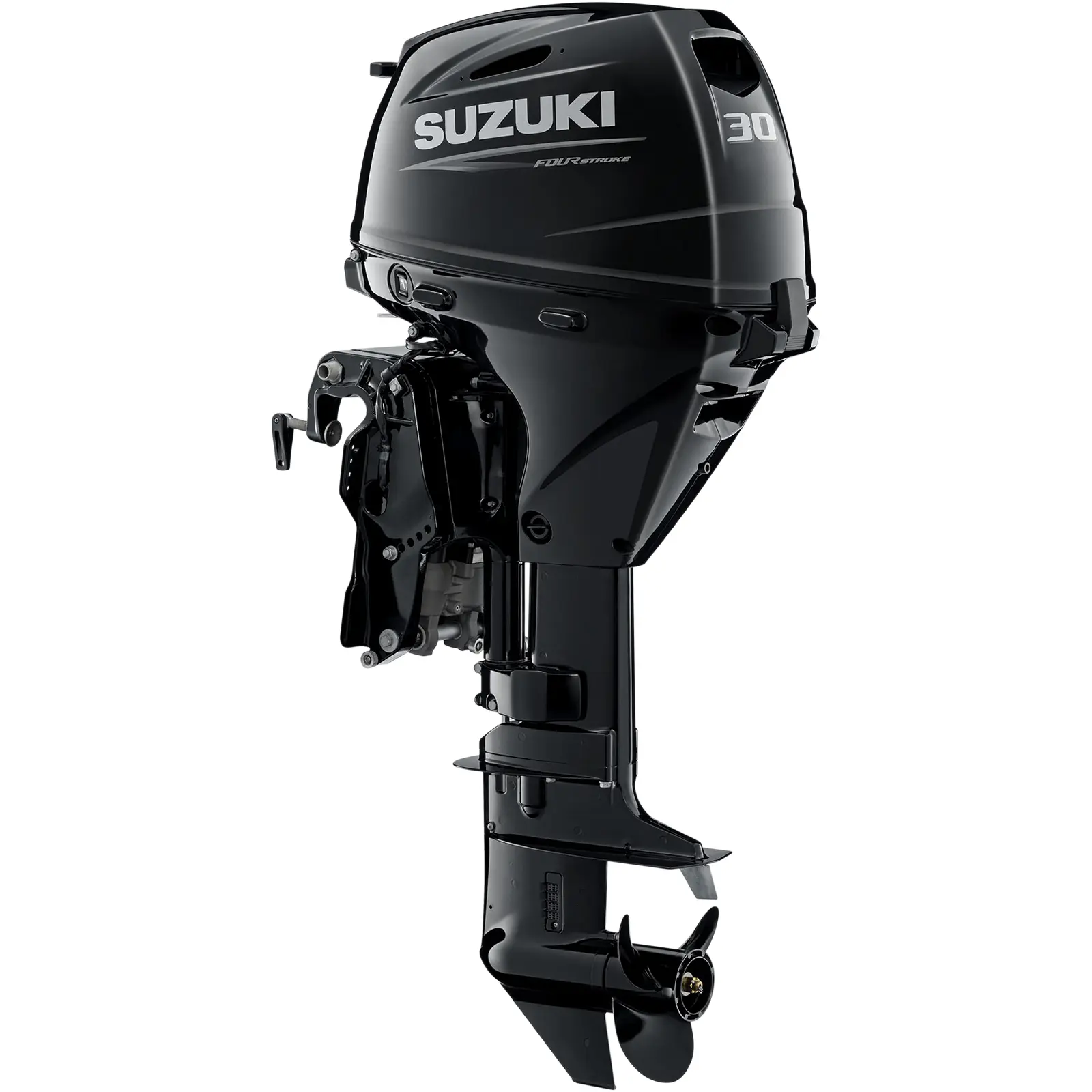 DF30ATL5_a A sleek black outboard motor with propeller and control arm.