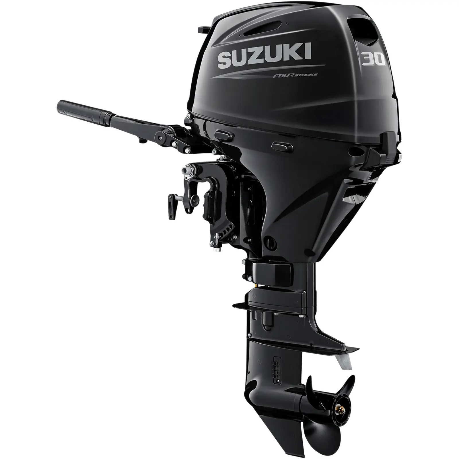 A sleek black outboard motor with propeller and handle is displayed against white background.