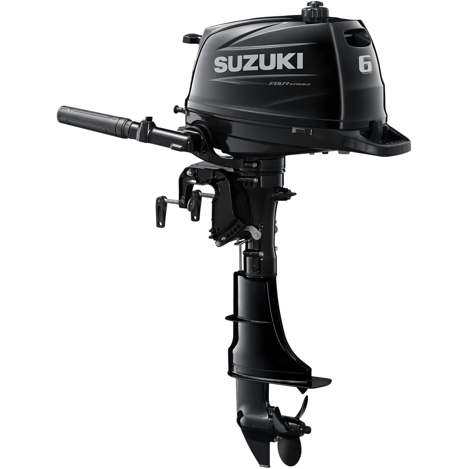 DF6AL5_a A black outboard motor with handle and propeller is shown against white background.