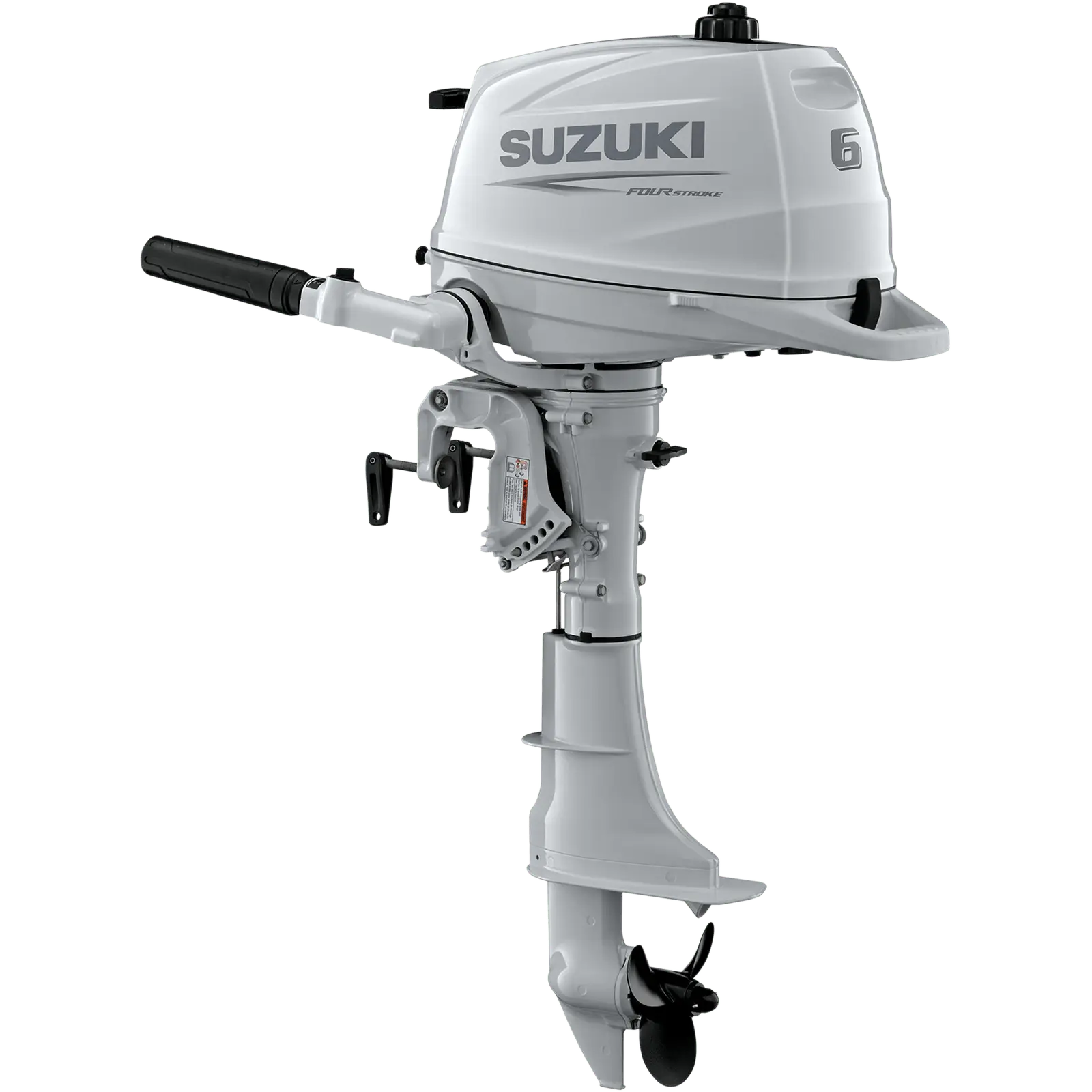 A white outboard motor with black handle and propeller at bottom.