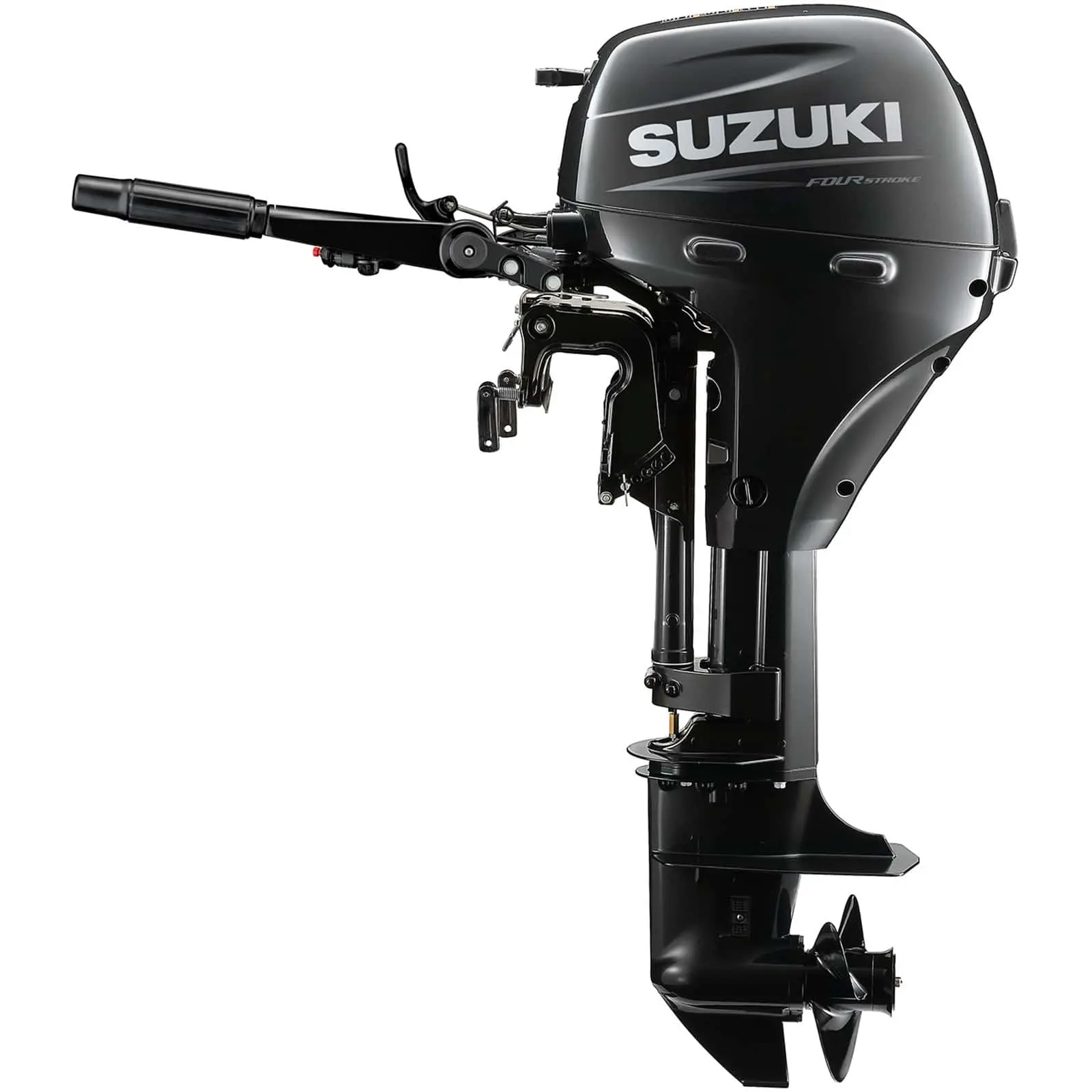 A sleek black outboard motor with handle and propeller.