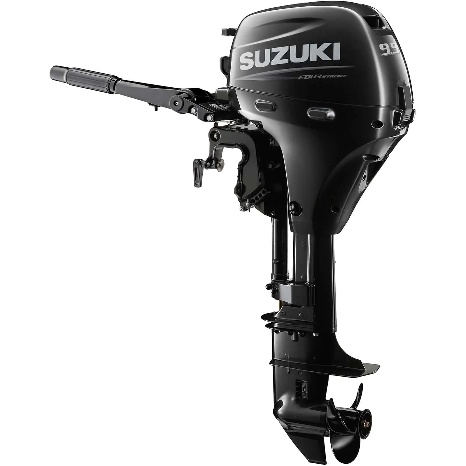 DF9.9BTX5_a A sleek black outboard motor with handle and propeller.