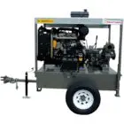 Portable diesel-powered water pump on wheels with control panel and hose connection.