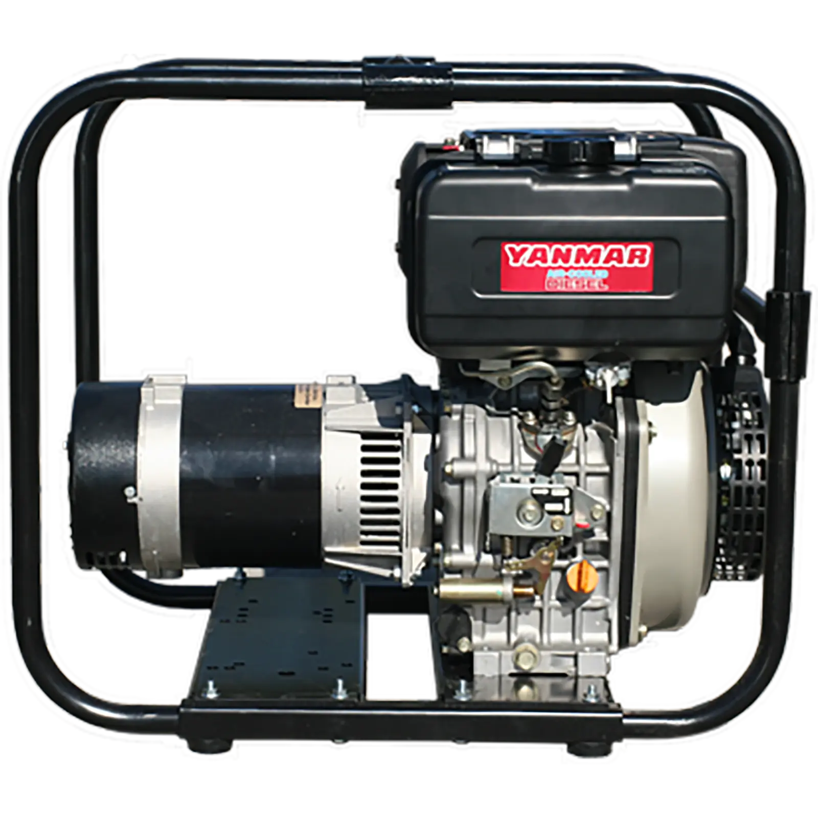 A Yanmar diesel engine with exposed components and protective frame.