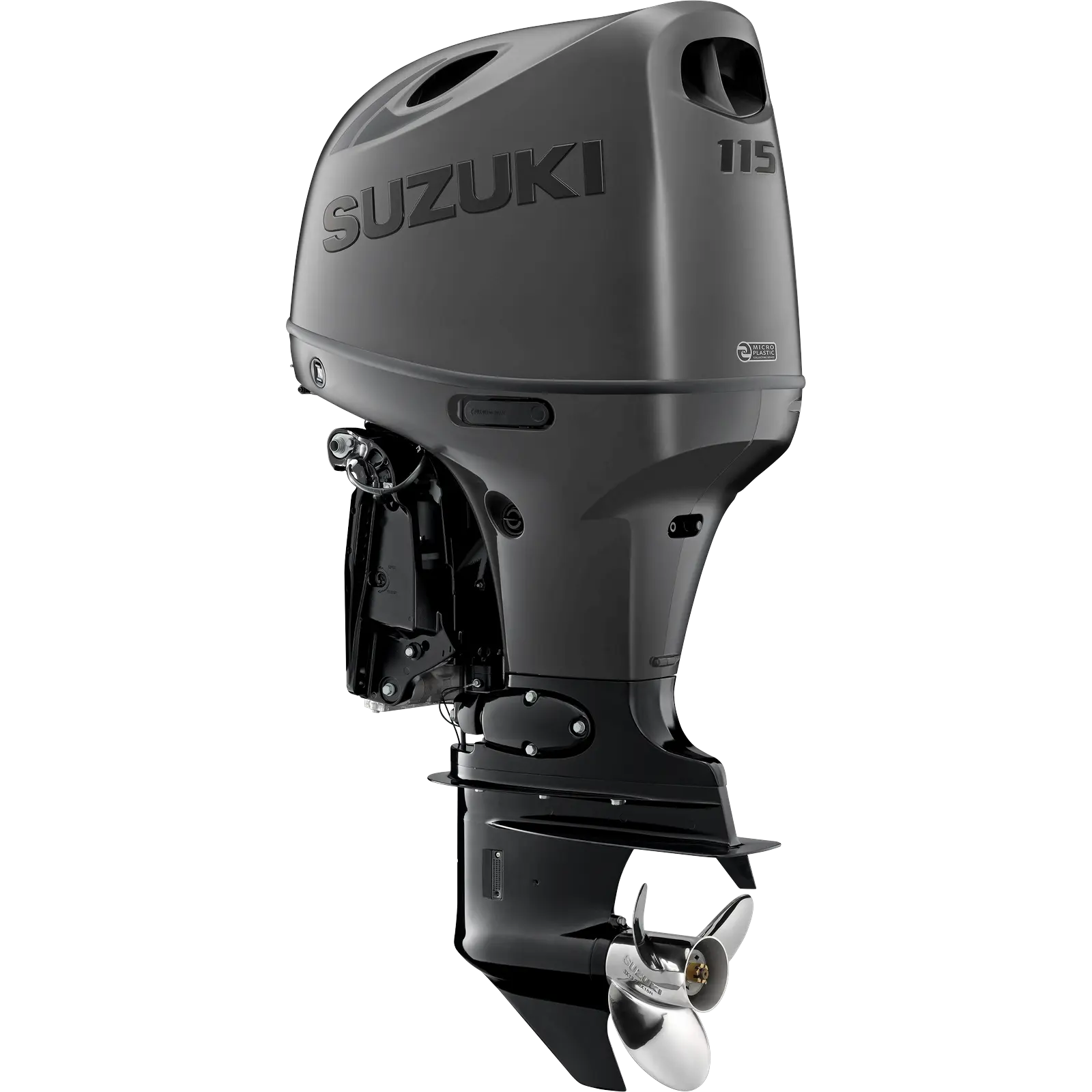 A sleek outboard motor with propeller and branding details.