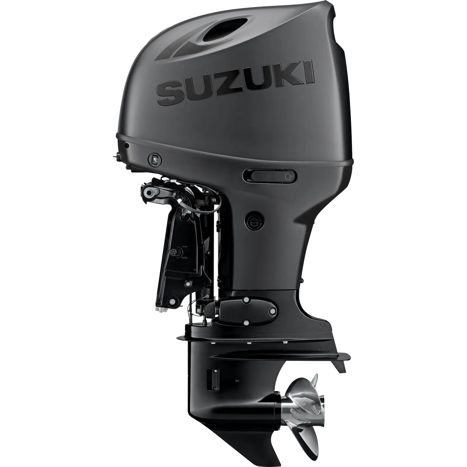A sleek black outboard motor with propeller and Suzuki logo.