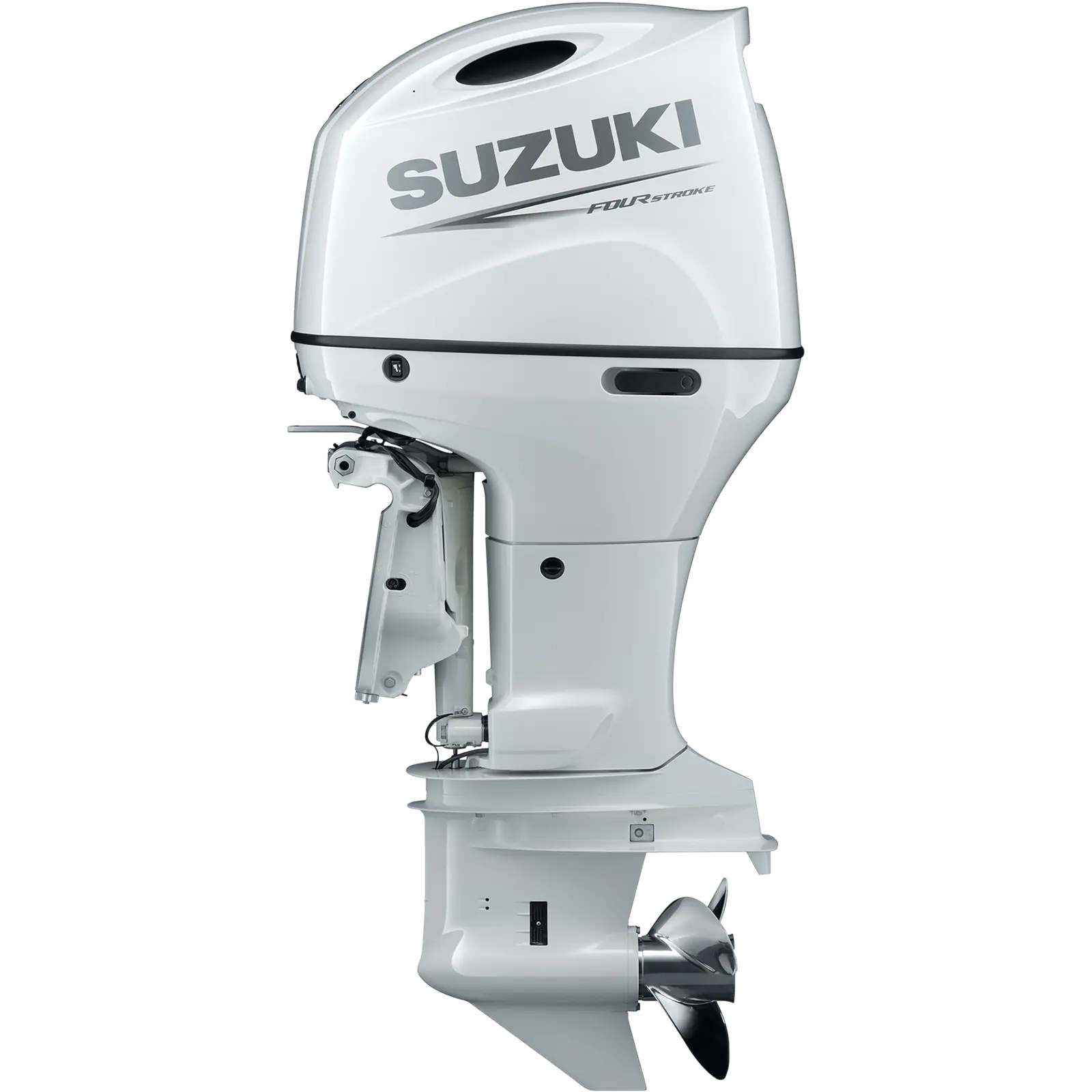 White outboard motor with propeller at bottom and Suzuki logo on top.