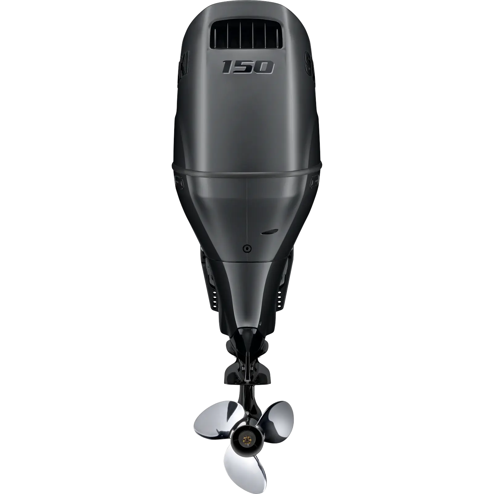 A sleek black outboard motor with propeller and venting details.