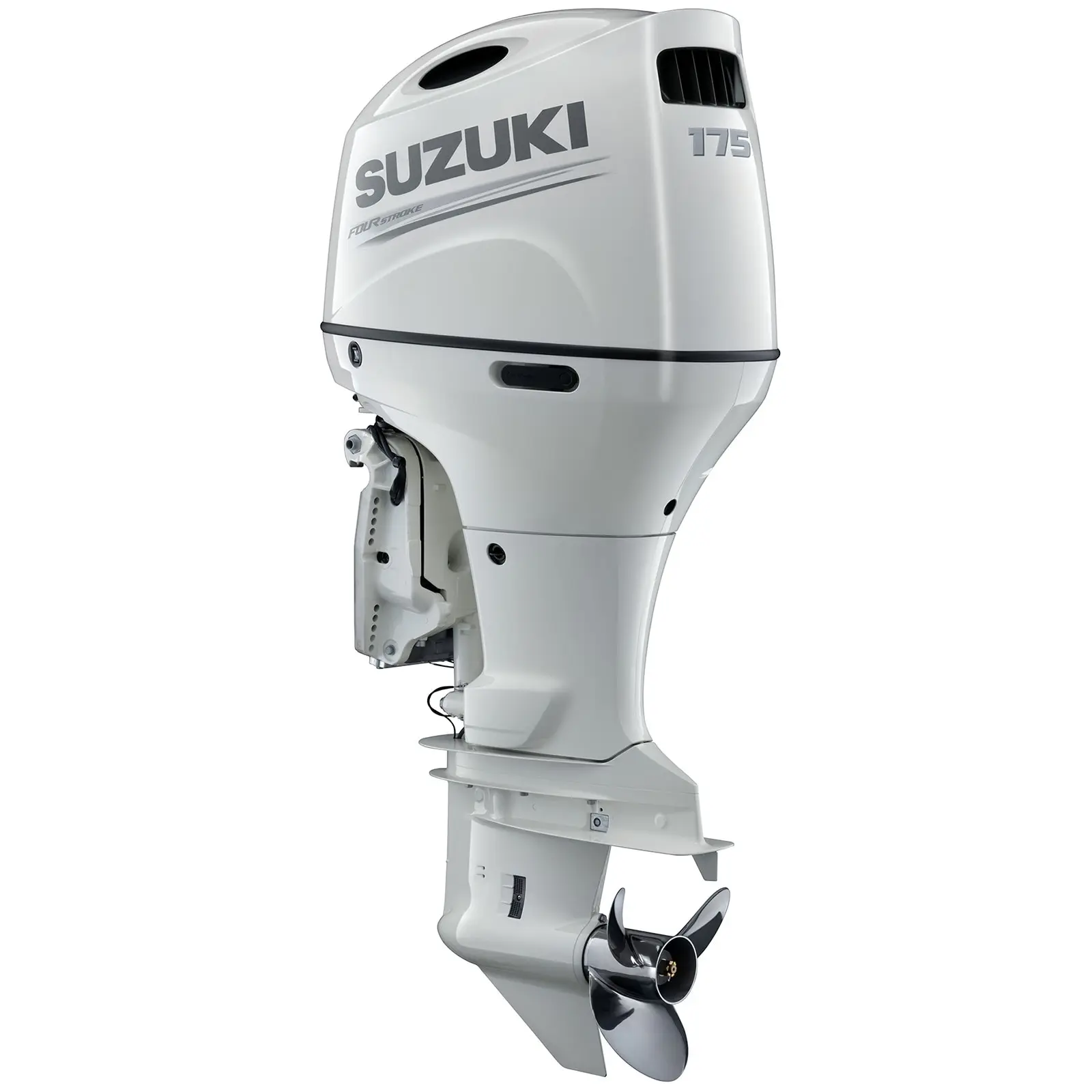 White outboard motor with propeller and vent holes.