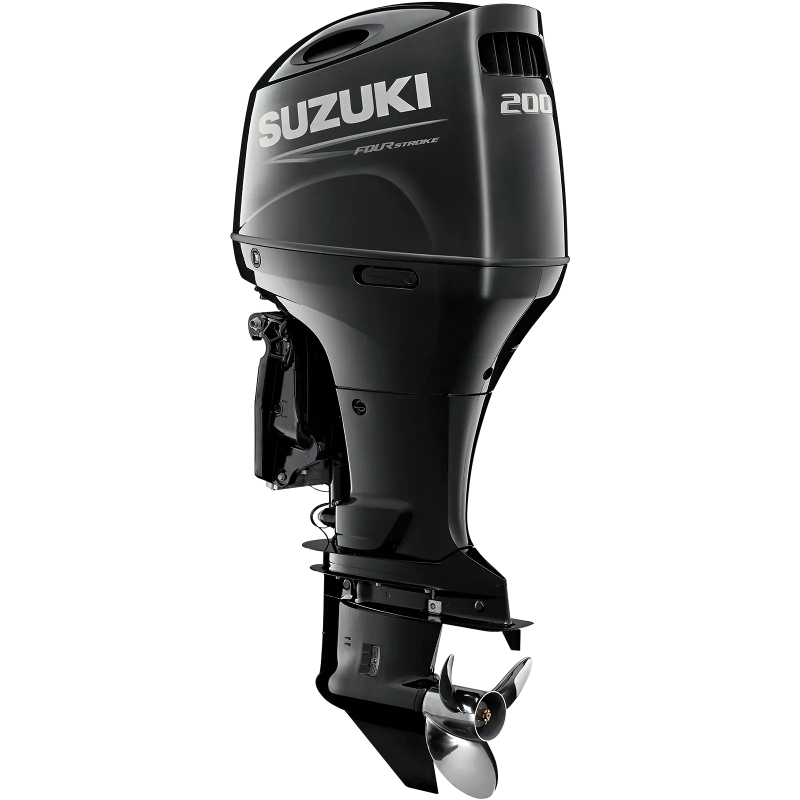 A sleek black outboard motor with propeller and branding details.