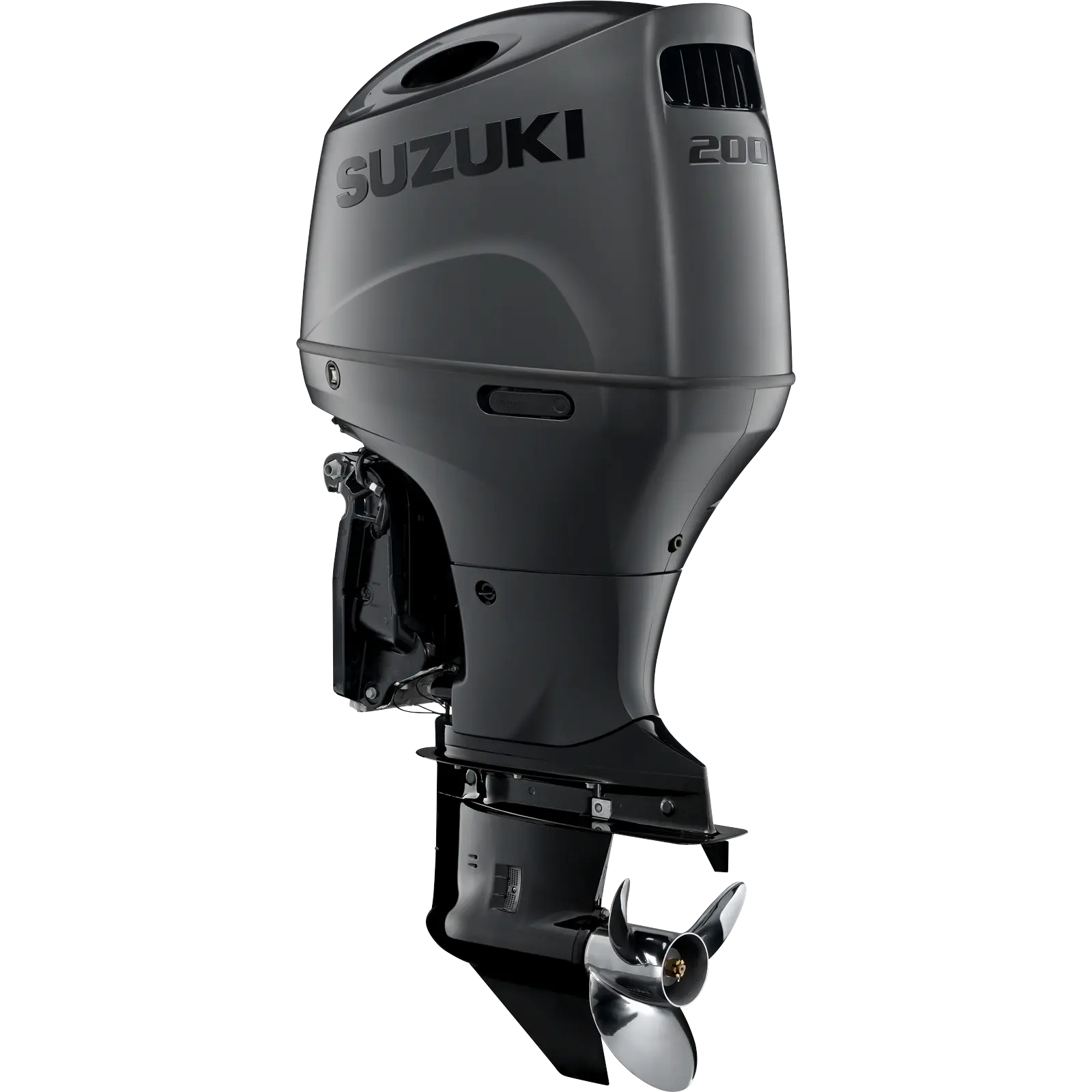 A sleek black outboard motor with propeller and venting details.