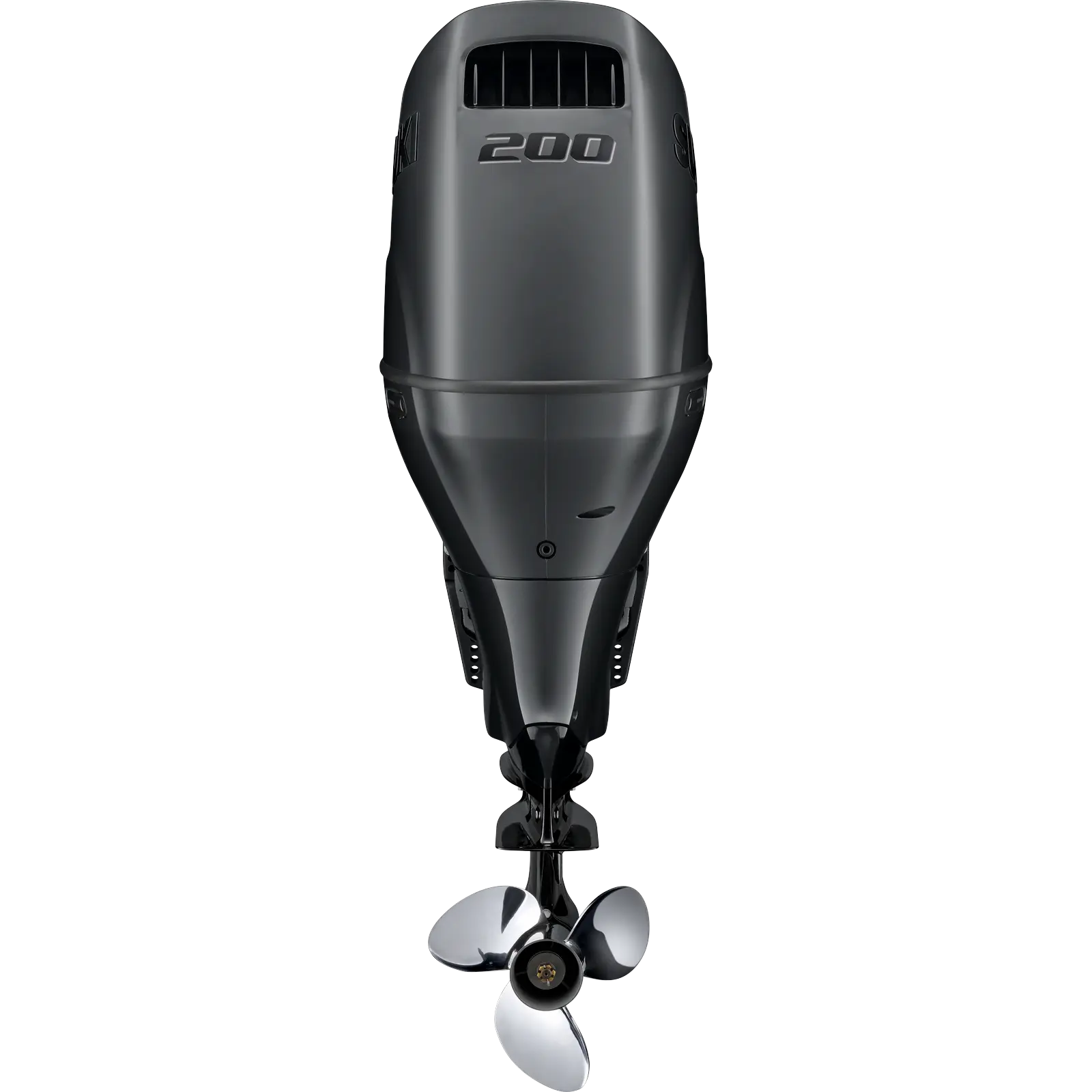 A sleek black outboard motor with propeller and venting details.