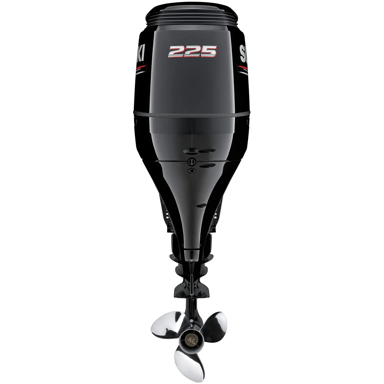 A black outboard motor with silver propeller and number 225 on top.