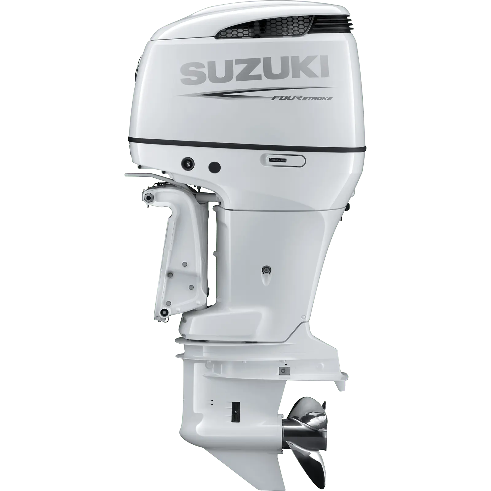 White outboard motor with propeller and Suzuki branding.