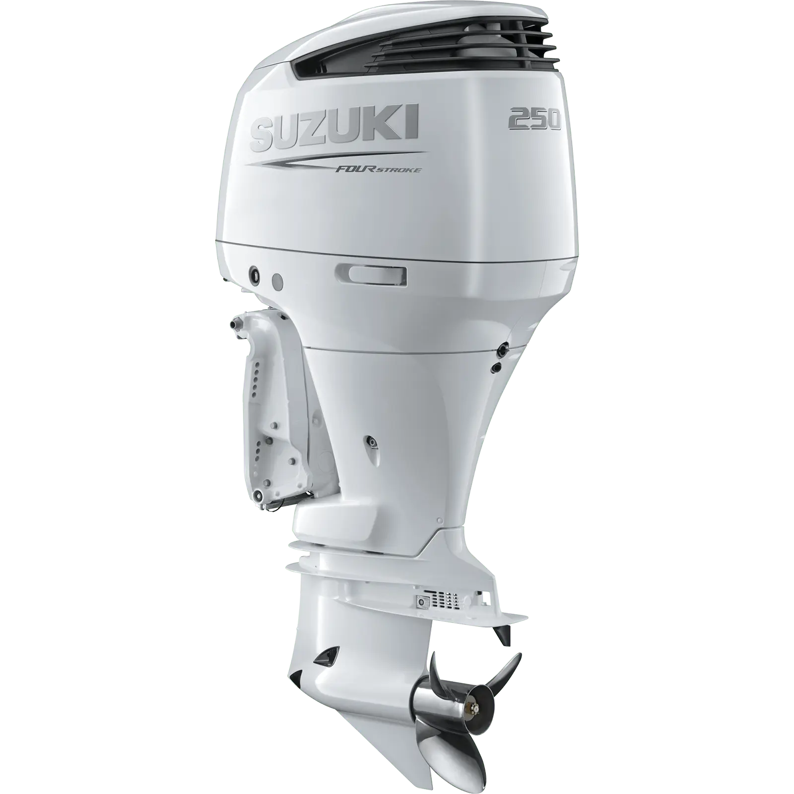 A white outboard motor with propeller and venting details.