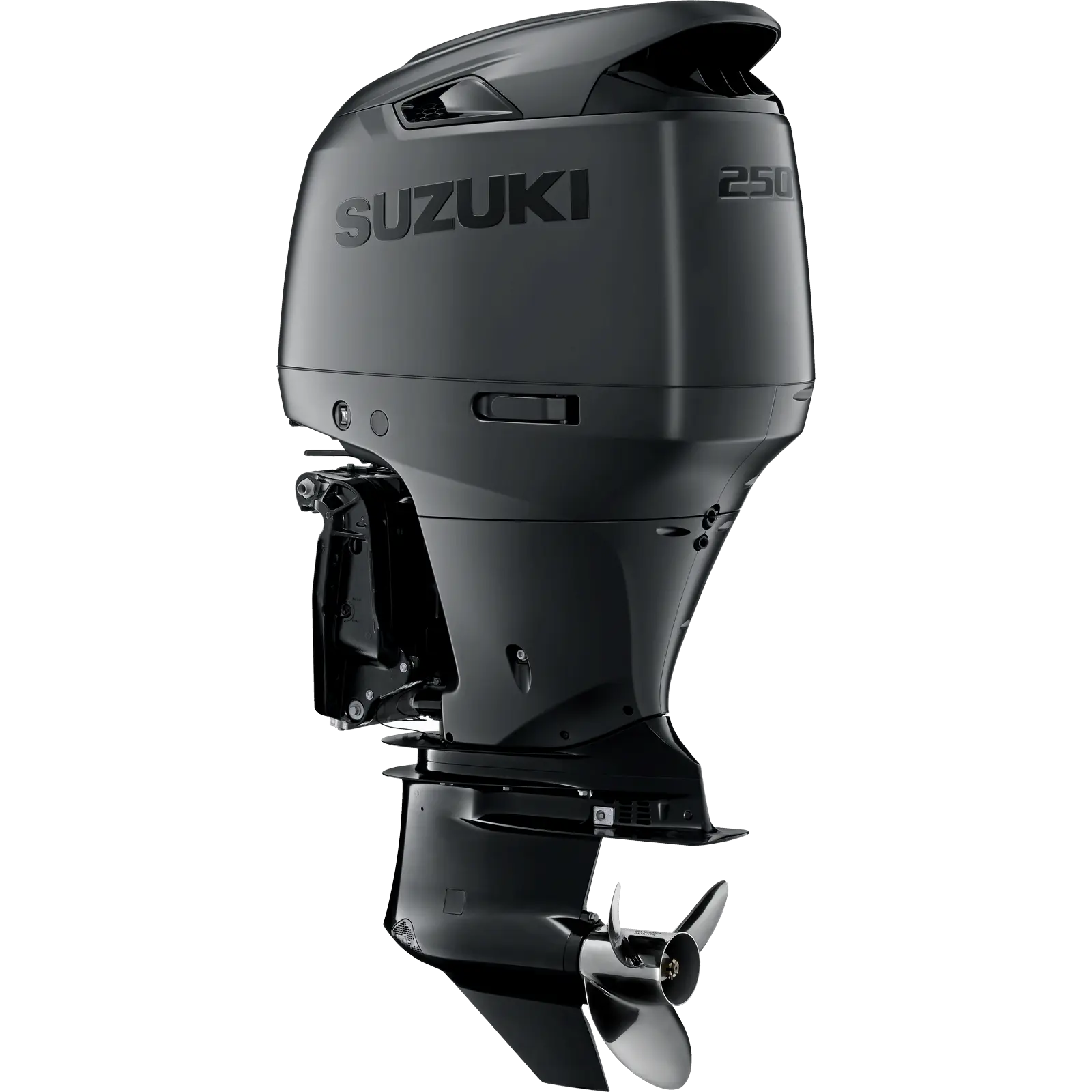 WEBDF250SS_a A sleek black outboard motor with propeller and branding details.