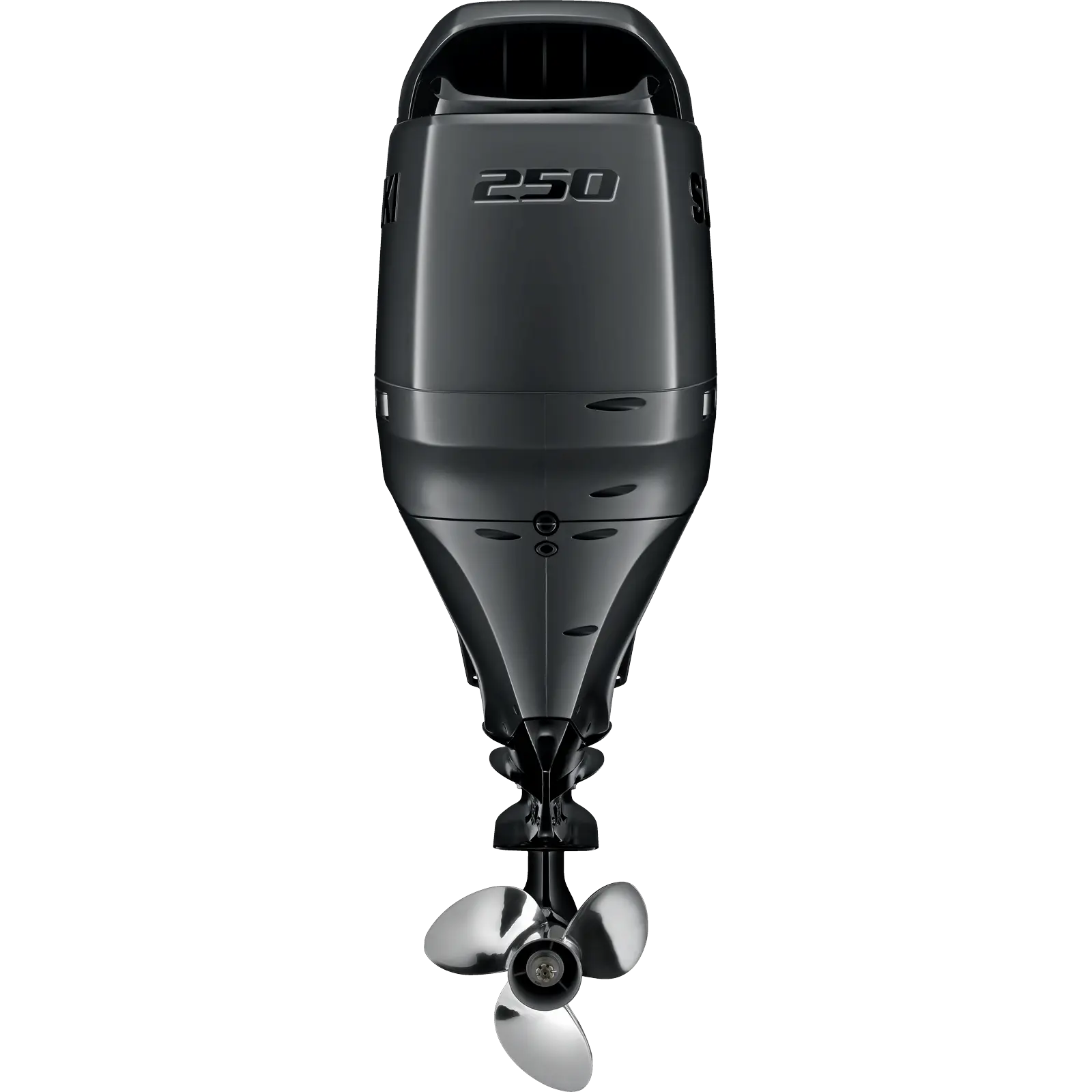 A sleek black outboard motor with propeller and number 250 on top.