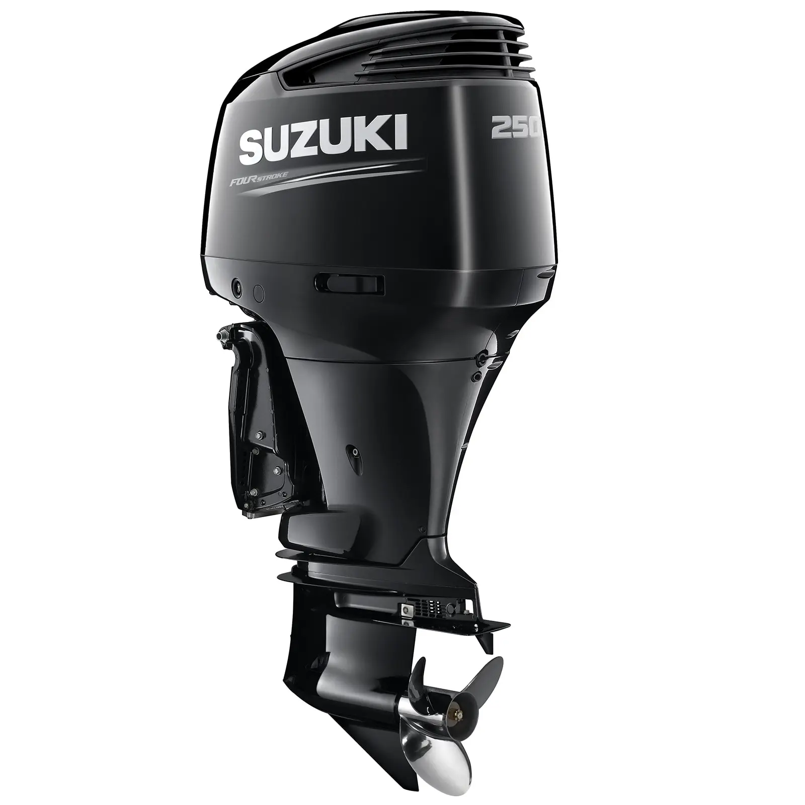 A sleek black outboard motor with propeller and exhaust vent.
