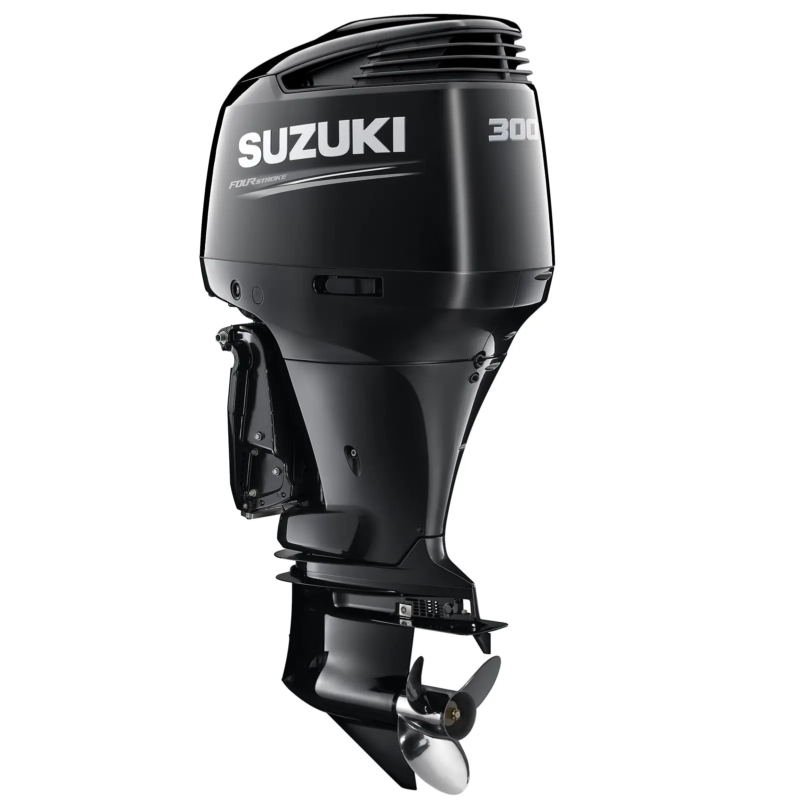 A sleek black outboard motor with propeller and exhaust vent.