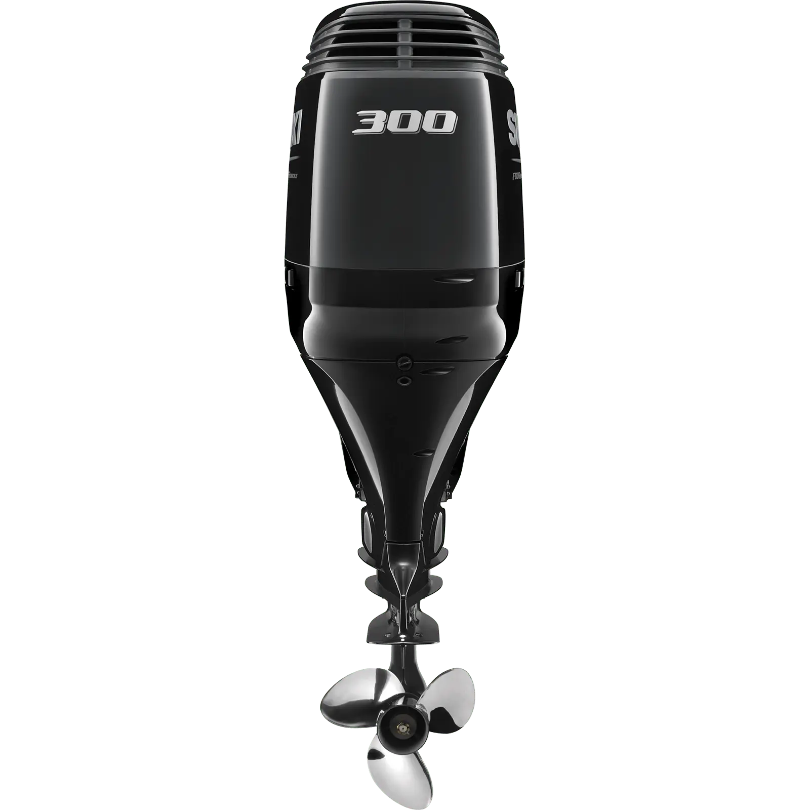A sleek black outboard motor with propeller and number 300 on top.