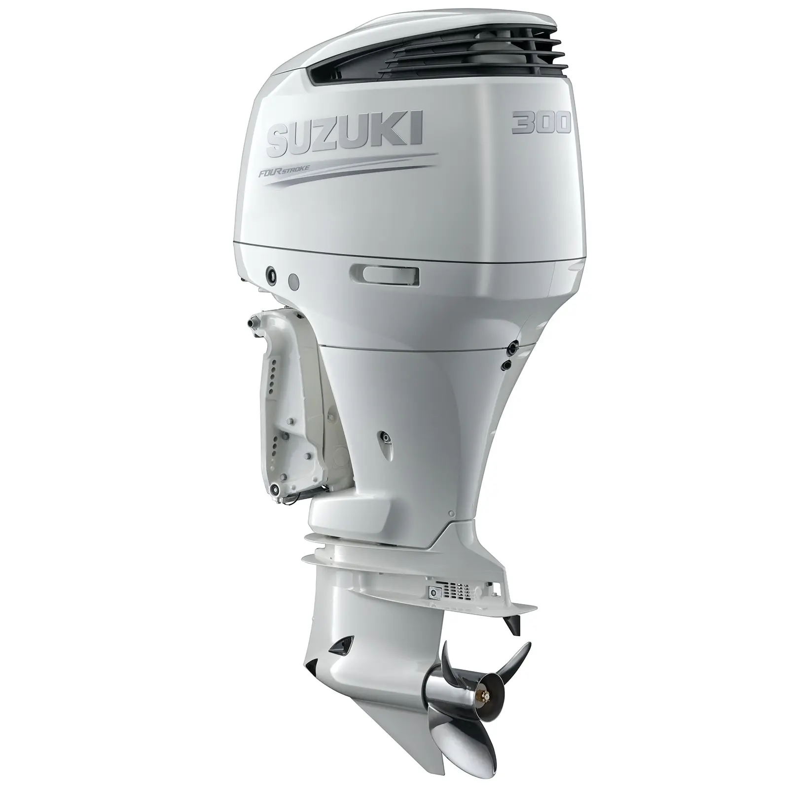 A white outboard motor with propeller and venting features.