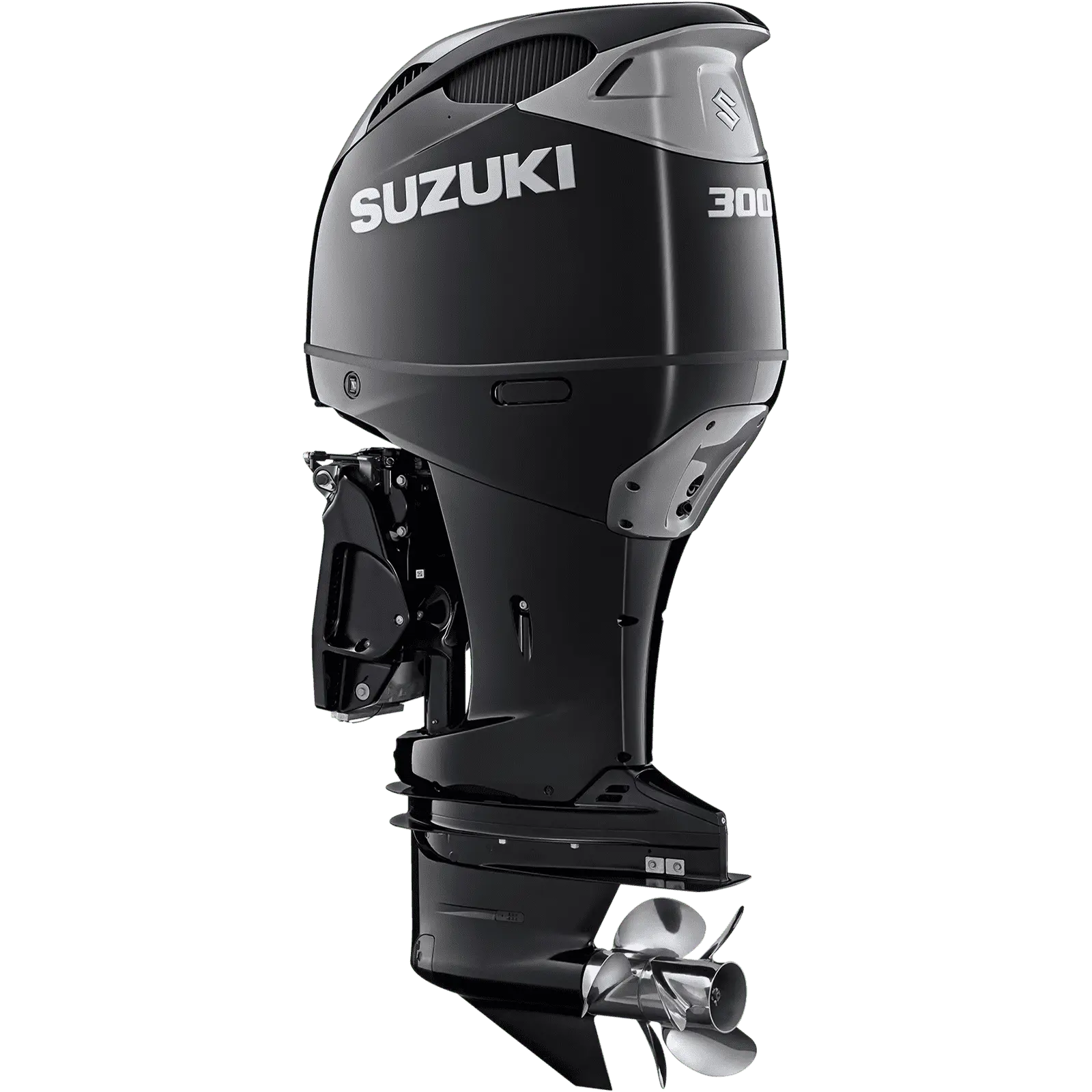 A sleek black outboard motor with propeller and branding details.