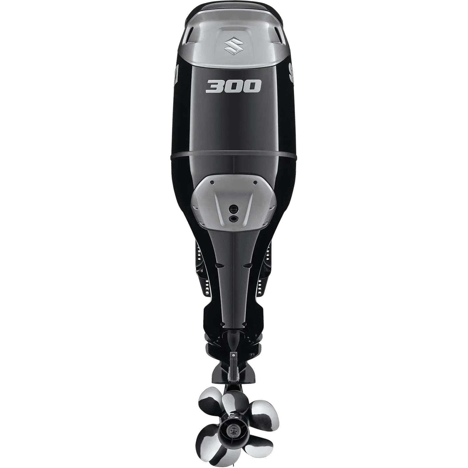 A sleek black and silver outboard motor with propeller at bottom.