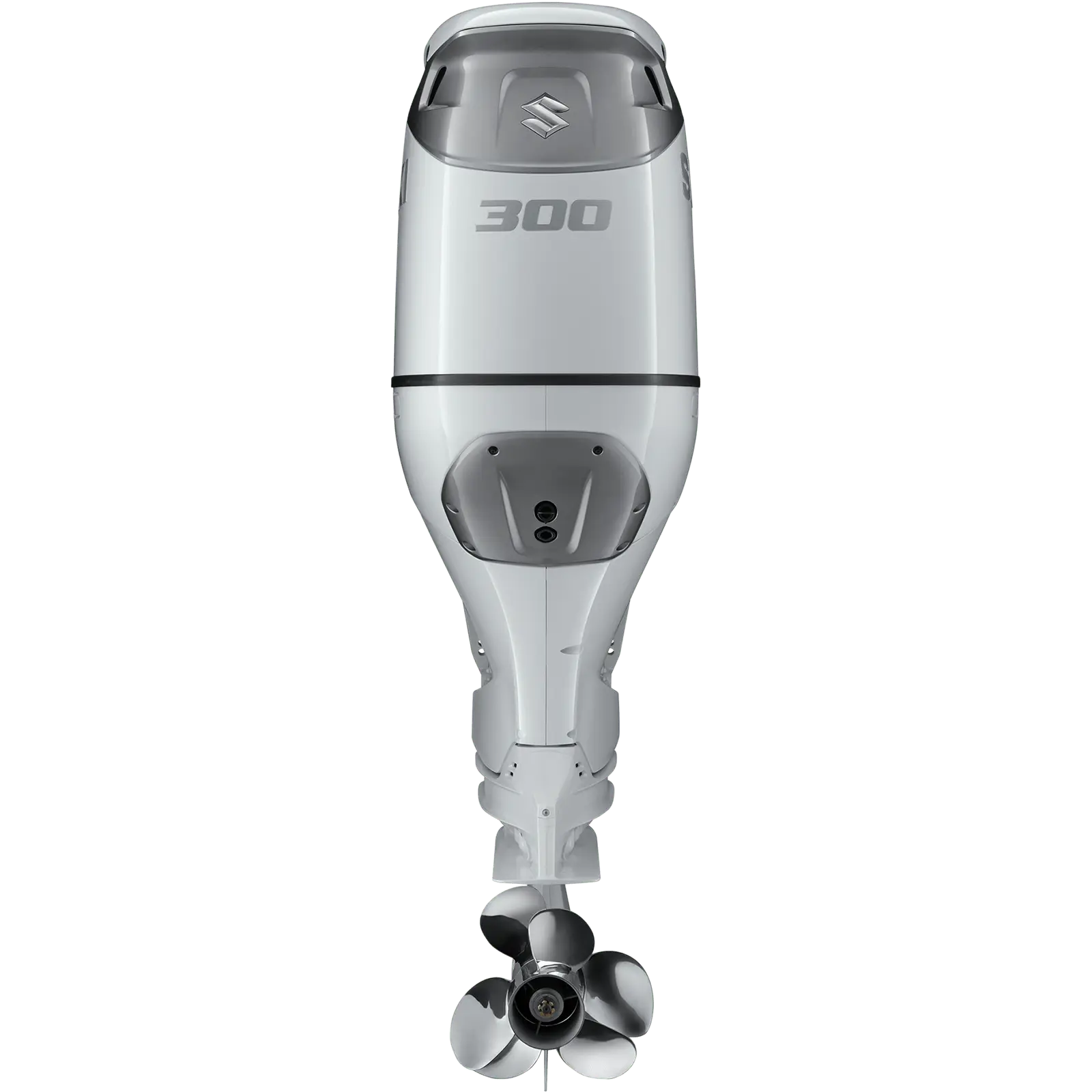 A sleek white outboard motor with propeller at bottom.