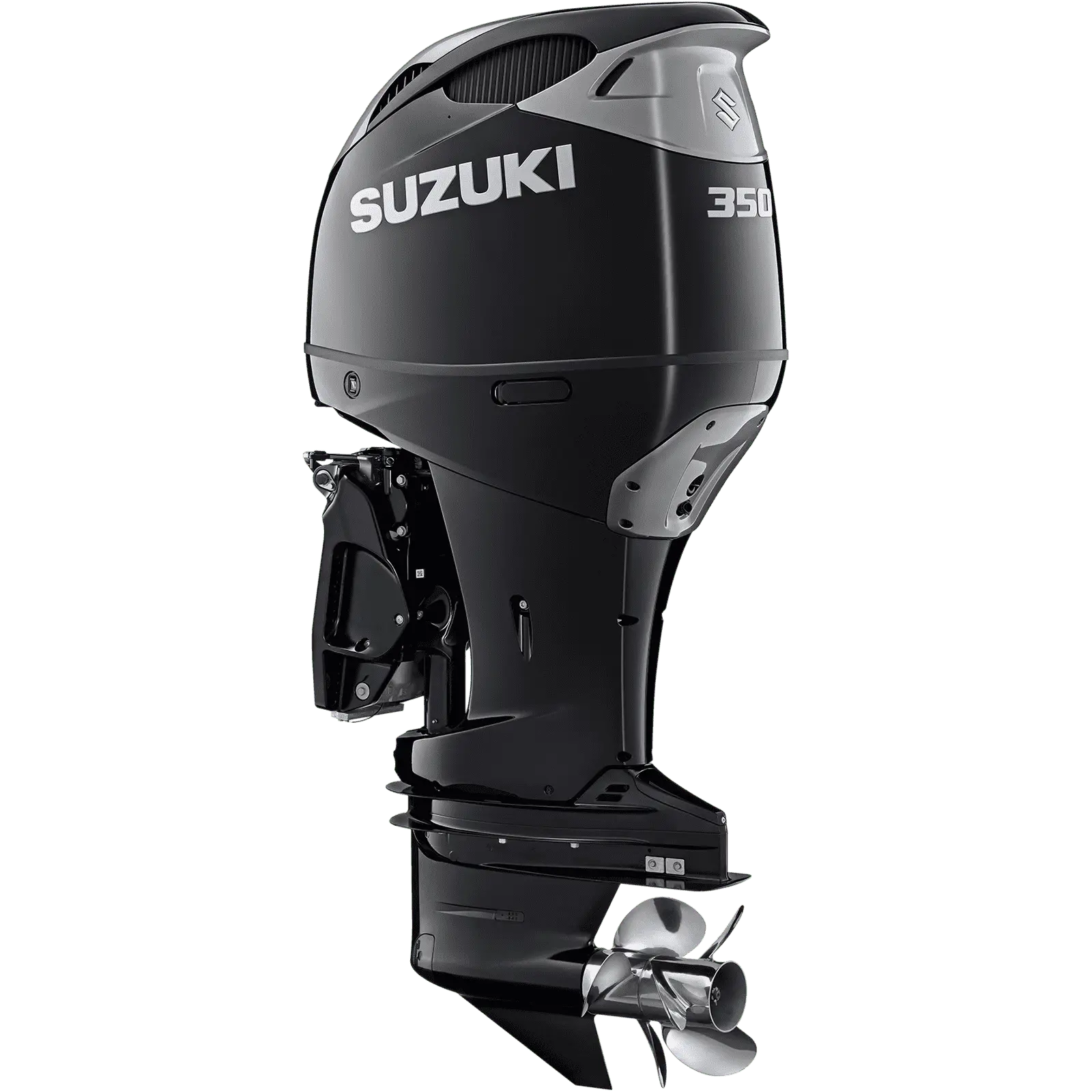 A sleek black outboard motor with propeller and branding details.