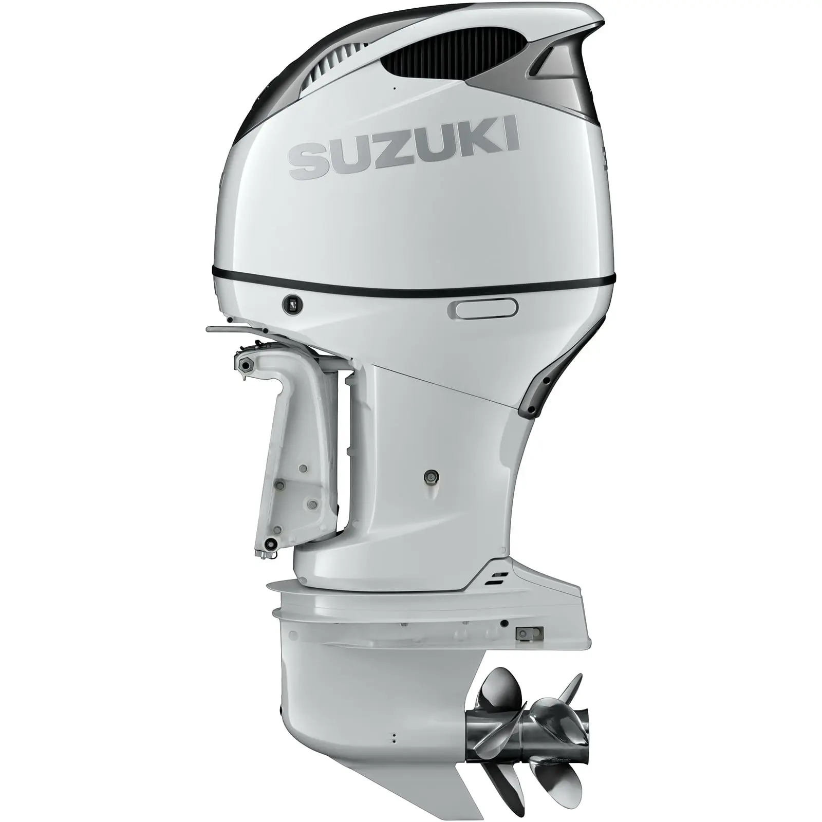 A white outboard motor with propeller and Suzuki logo.