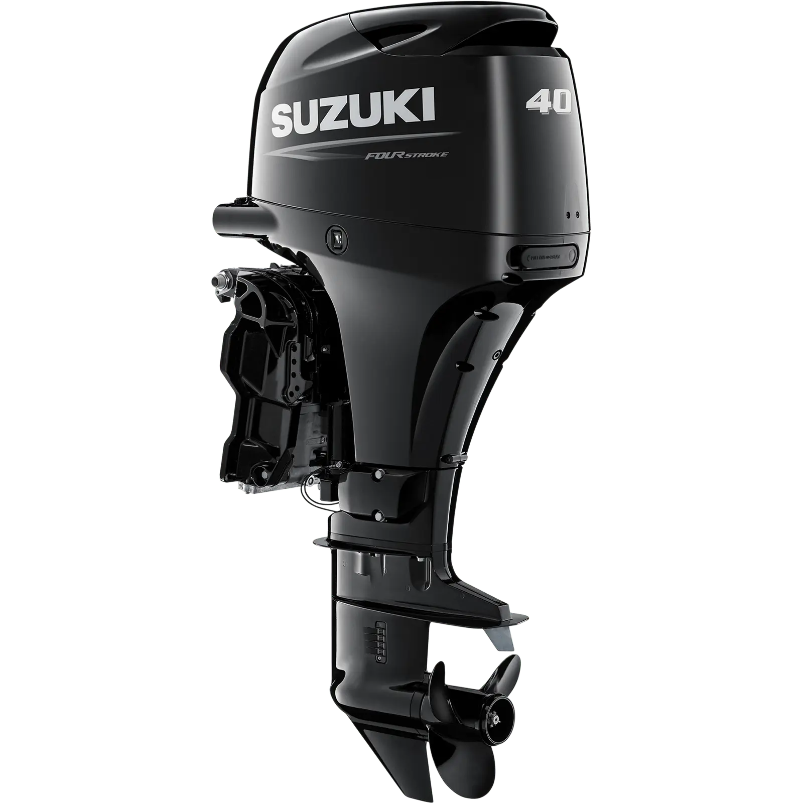 A sleek black outboard motor with propeller and control panel details.